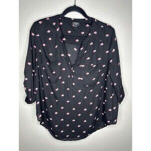 Torrid Shirt Womens Large Black Harper Heart Print Split Neck 3/4 Sleeve Blouse